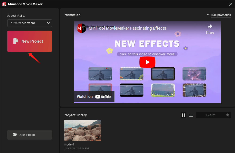 Click the New Project button to start a project in MiniTool MovieMaker