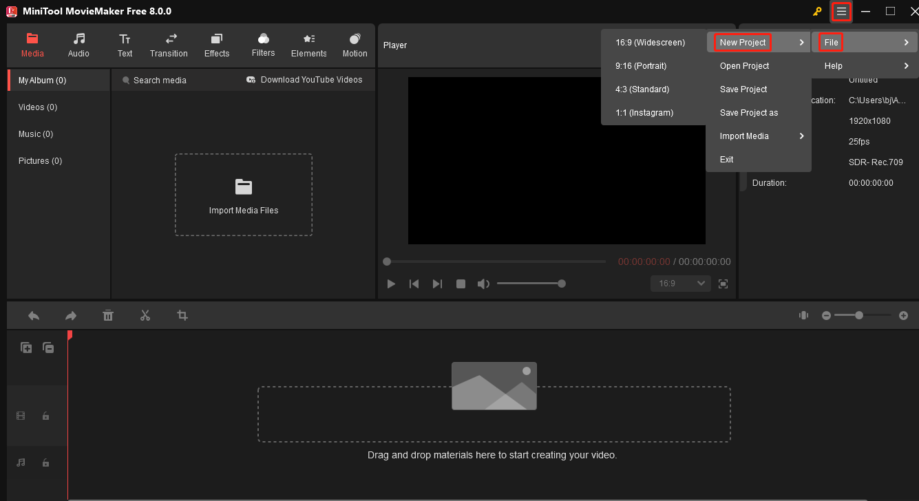 Create a project from the top menu bar in MiniTool MovieMaker