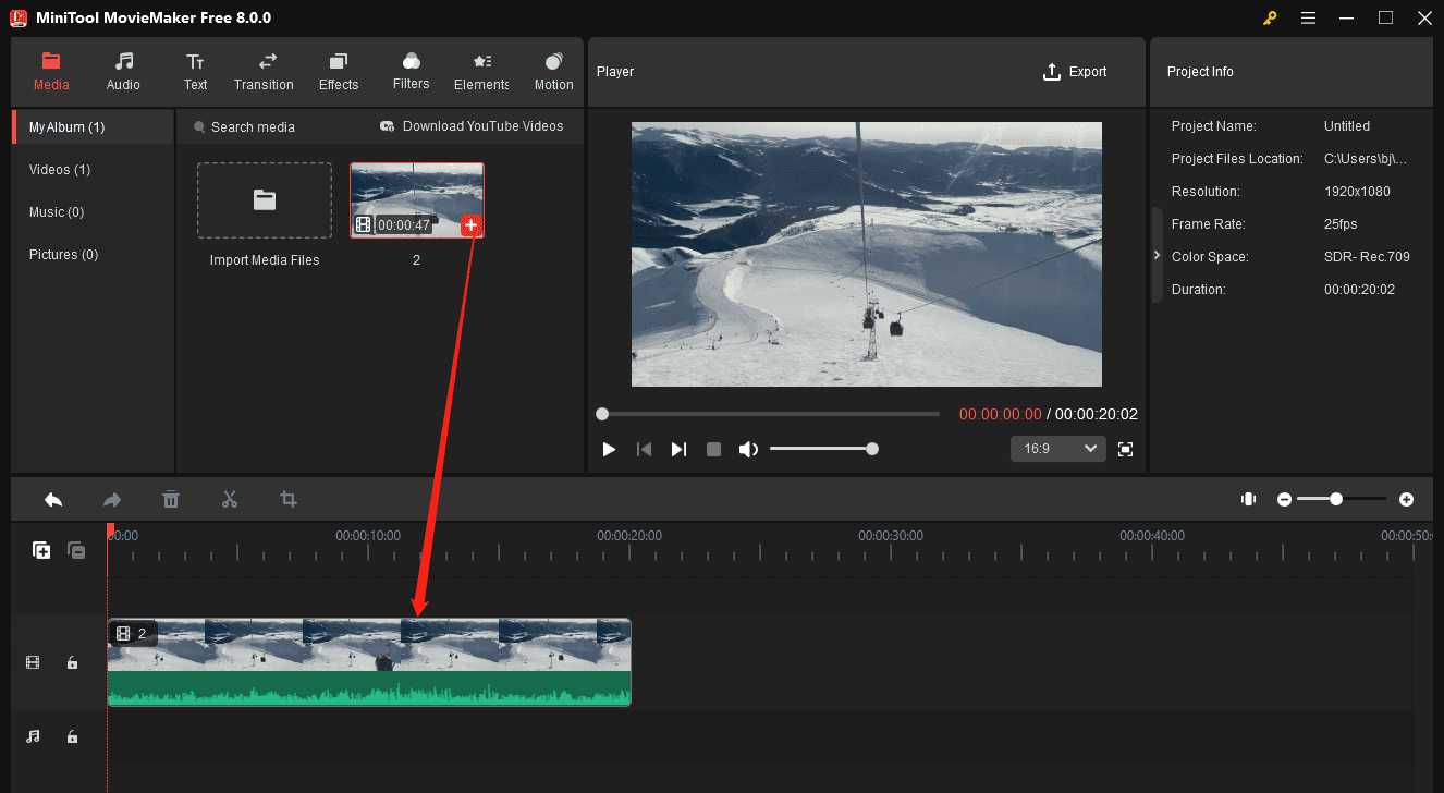 Añade el vídeo a la línea de tiempo para reproducirlo en MiniTool MovieMaker