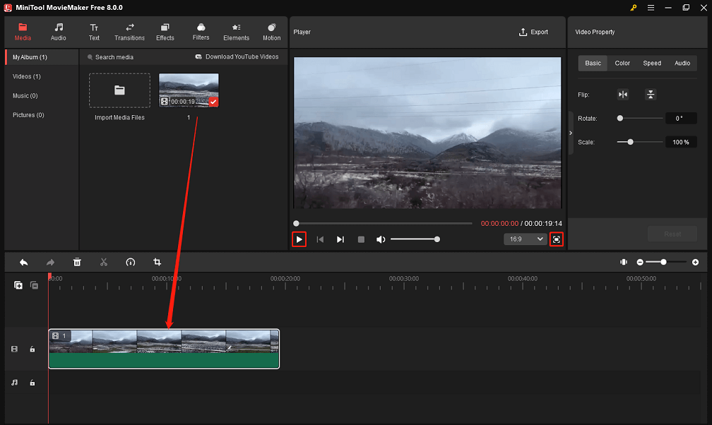 Haga clic en el icono + en el clip para agregarlo a la línea de tiempo en MiniTool MovieMaker