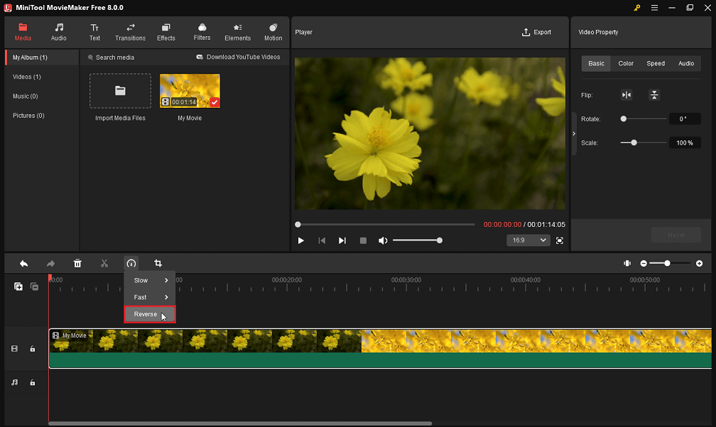 Reverse the video from the toolbar in MiniTool MovieMaker