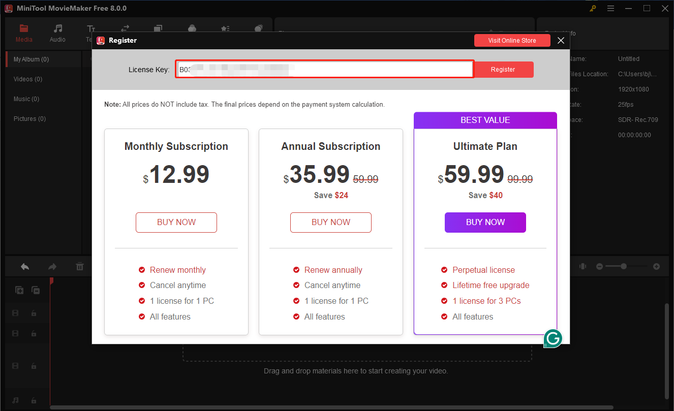 Enter the license key into the context box and click Register in MiniTool MovieMaker