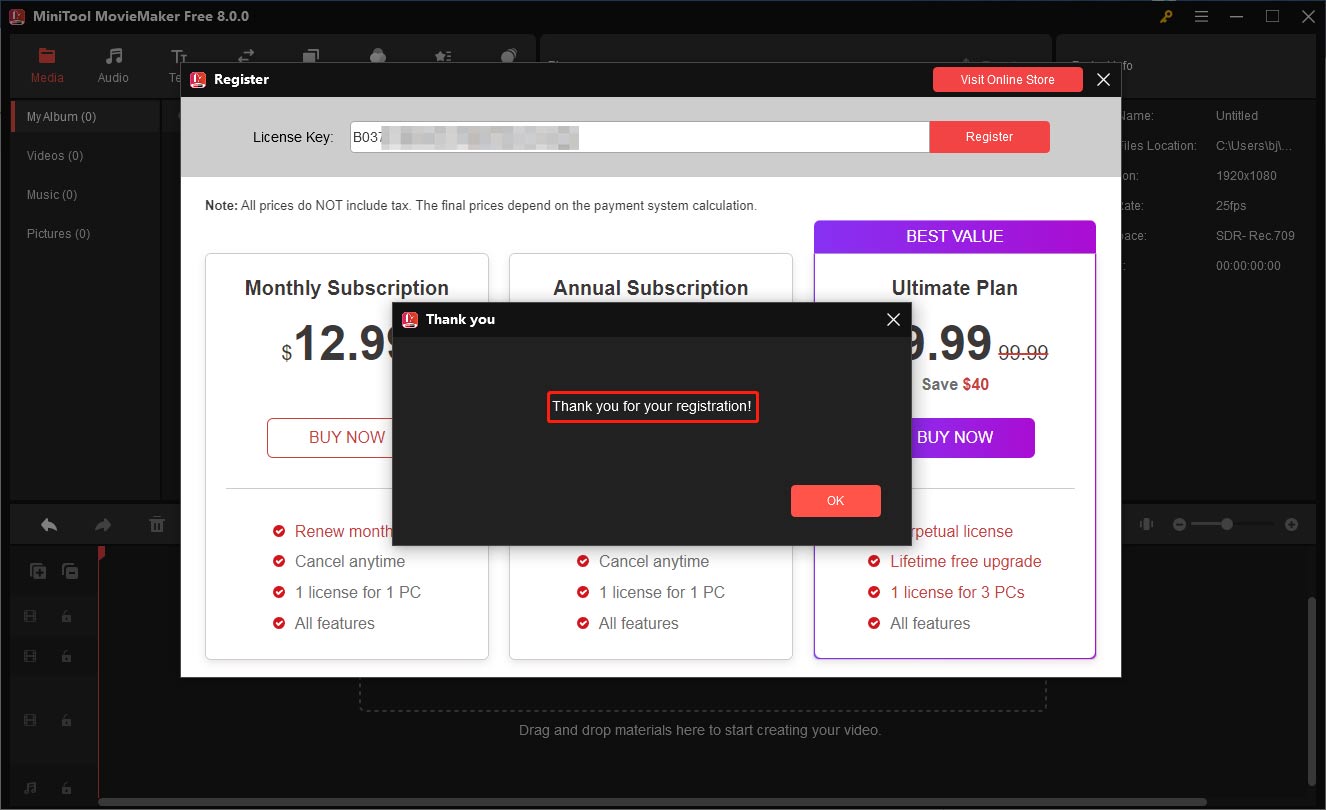 Register MiniTool MovieMaker successfully