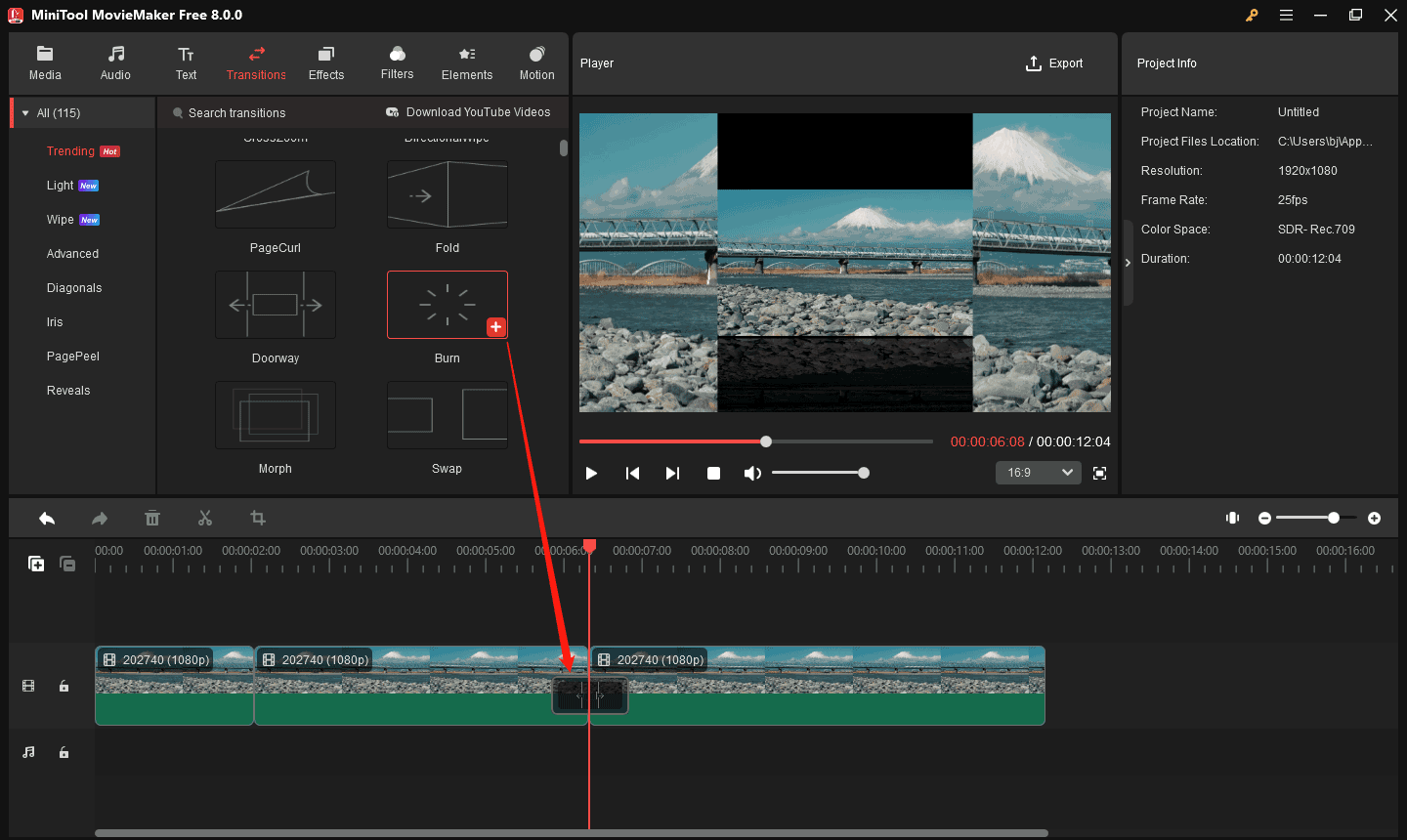 MiniTool MovieMakerで分割した動画の間にトランジションを追加する