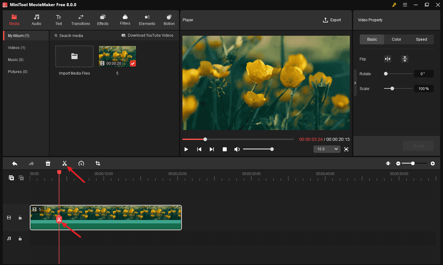 Split a video by clicking the scissors icon in MiniTool MovieMaker