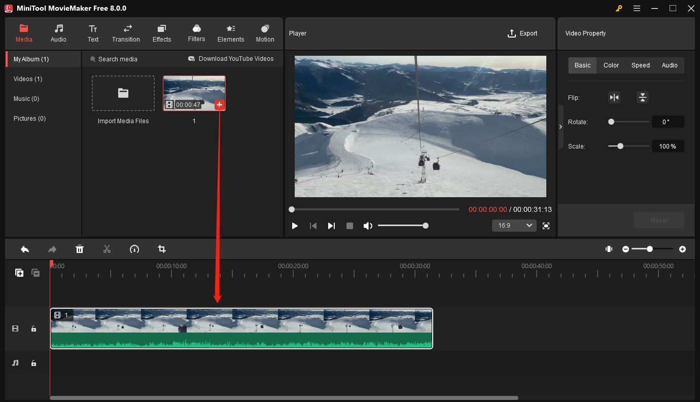 Click the + icon on the video to add it to the timeline in MiniTool MovieMaker