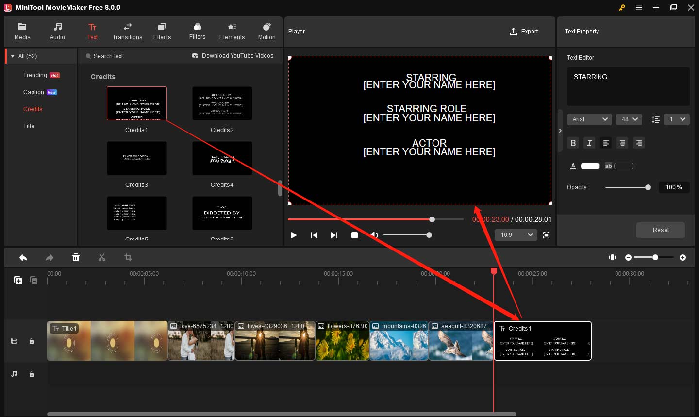 Add credits to a video in MiniTool MovieMaker