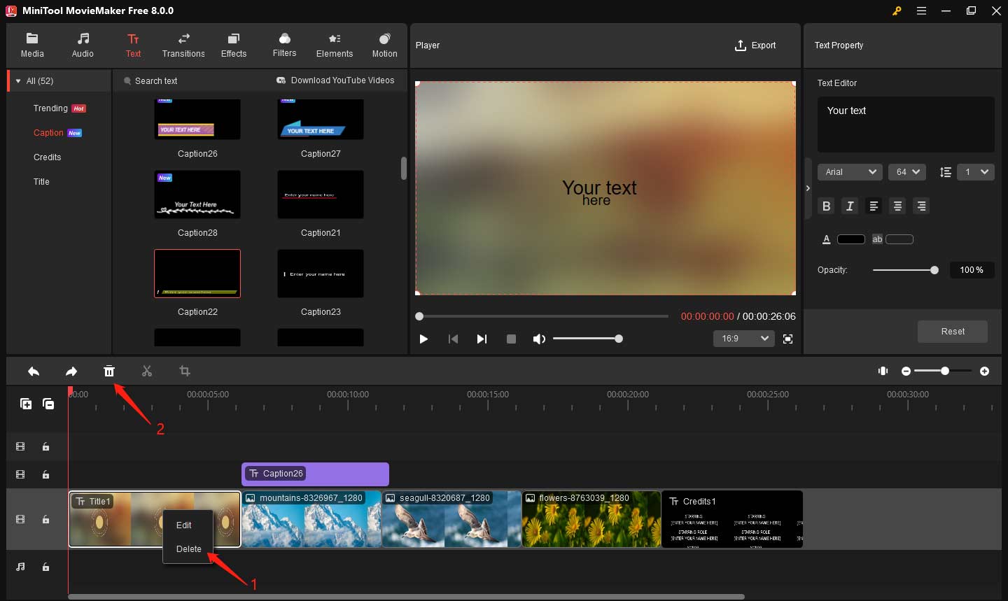 Delete a title or credits in MiniTool MovieMaker