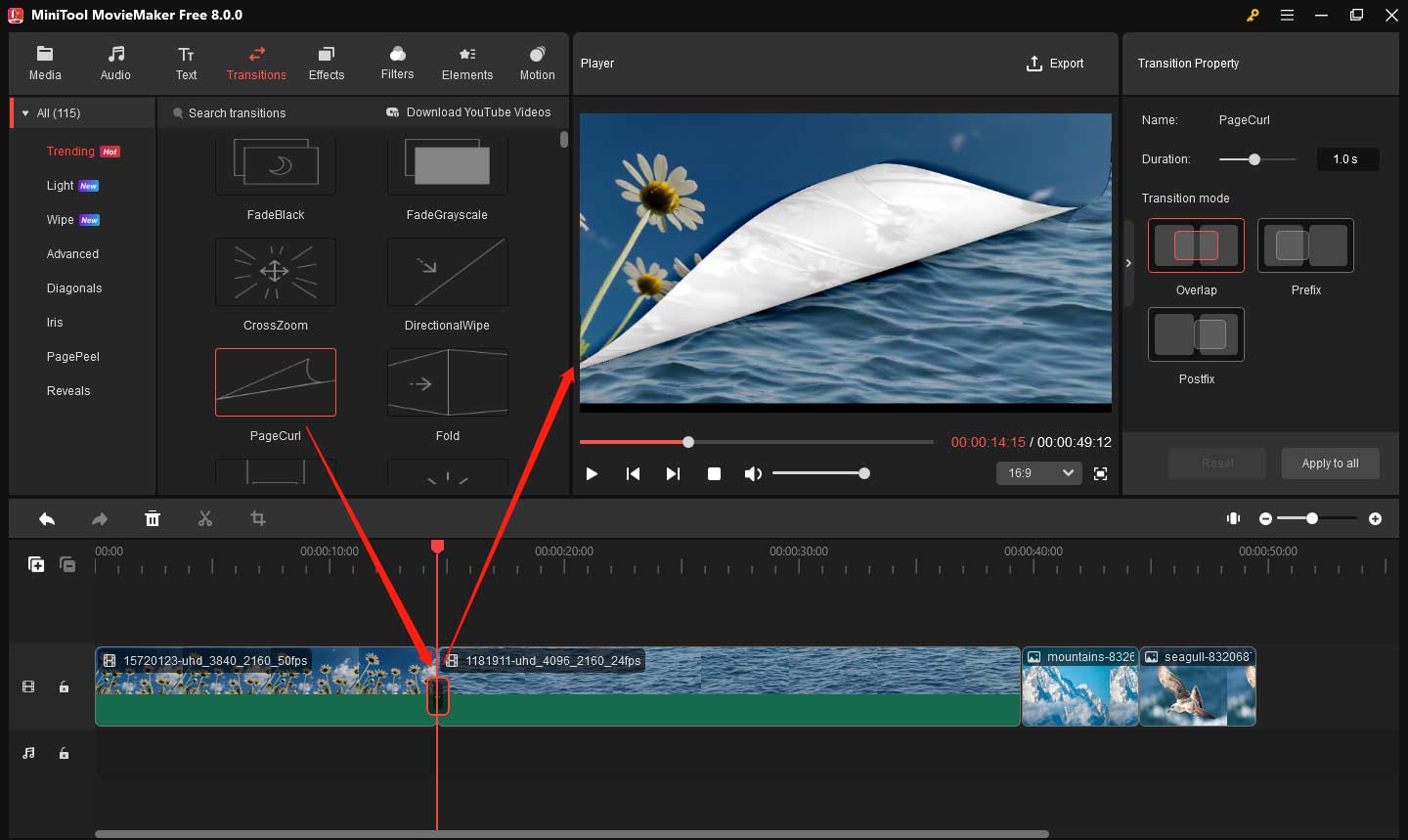 Add a transition between 2 clips in MiniTool MovieMaker