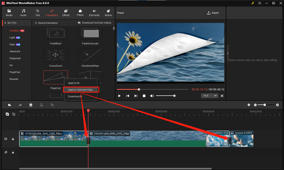 Apply a transition to selected clips in MiniTool MovieMaker