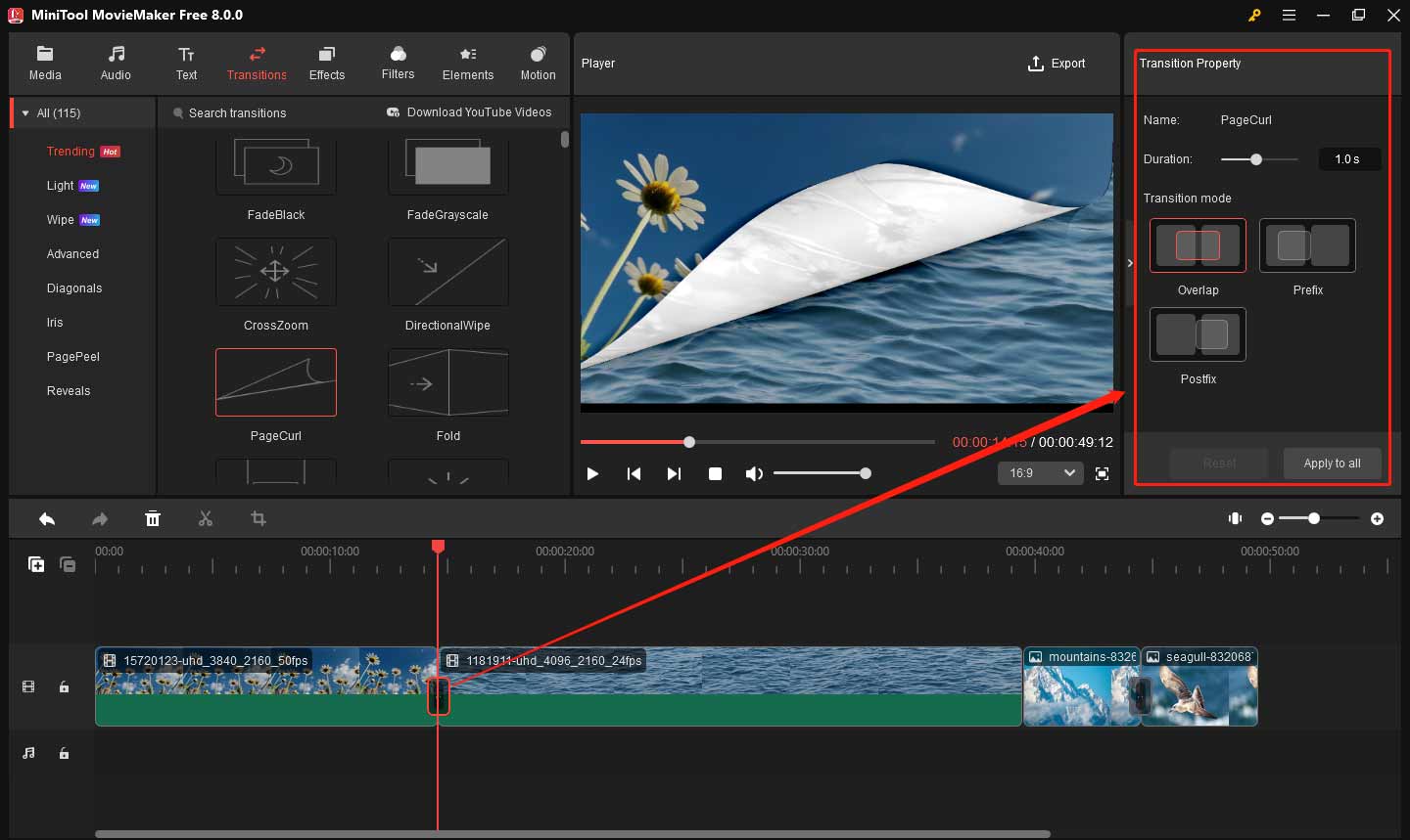 Edit a transition to meet your needs better in MiniTool MovieMaker