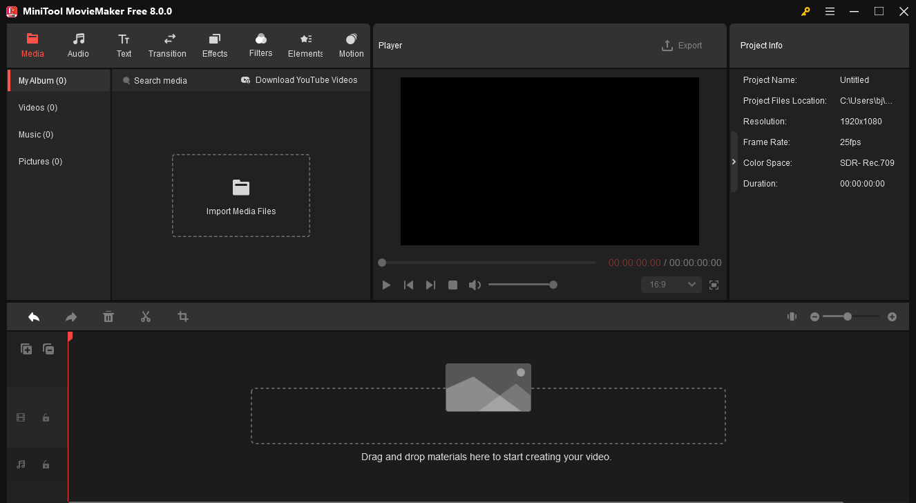 The main user interface of MiniTool MovieMaker 8.0