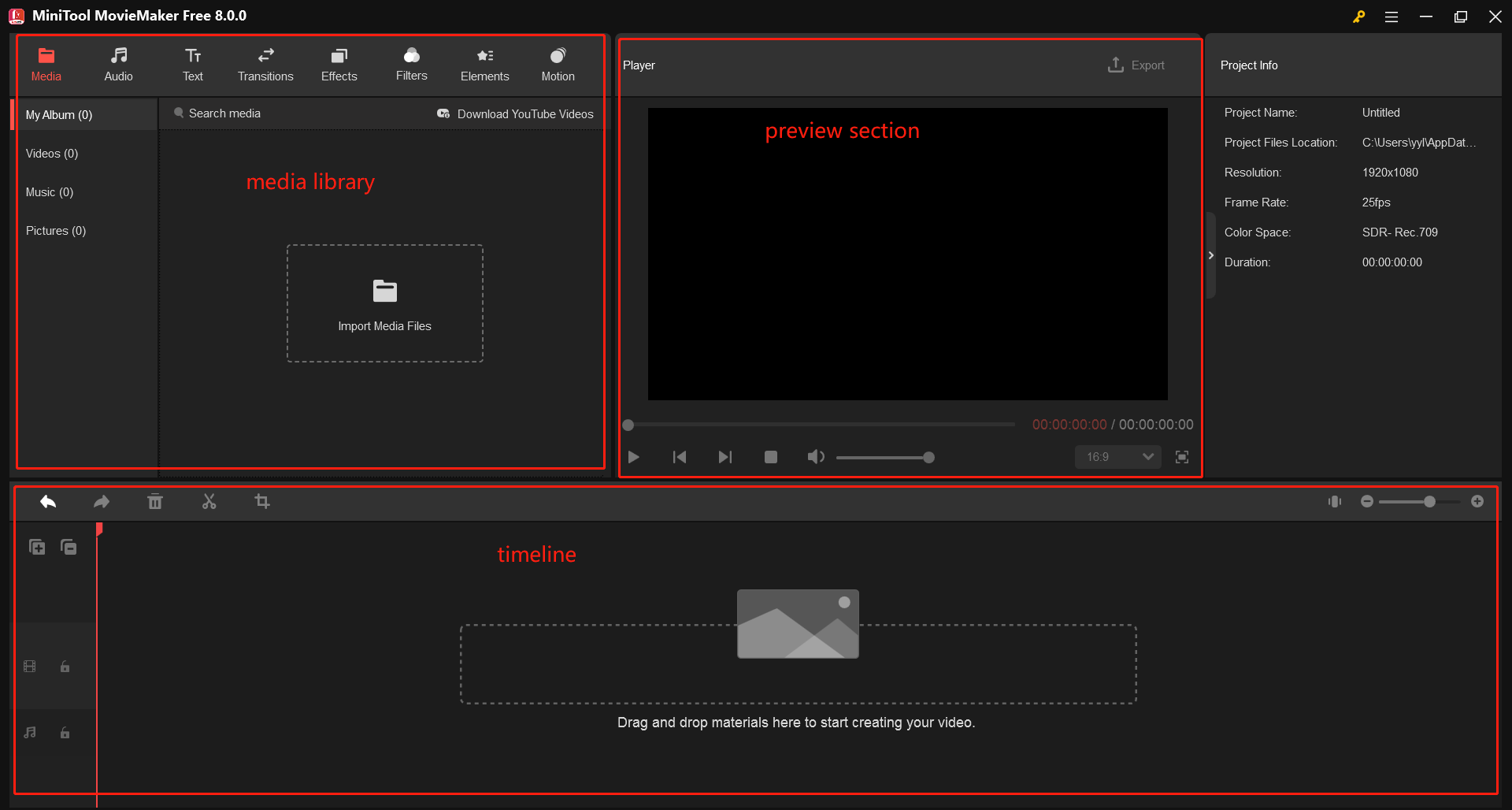 The main interface of MiniTool MovieMaker