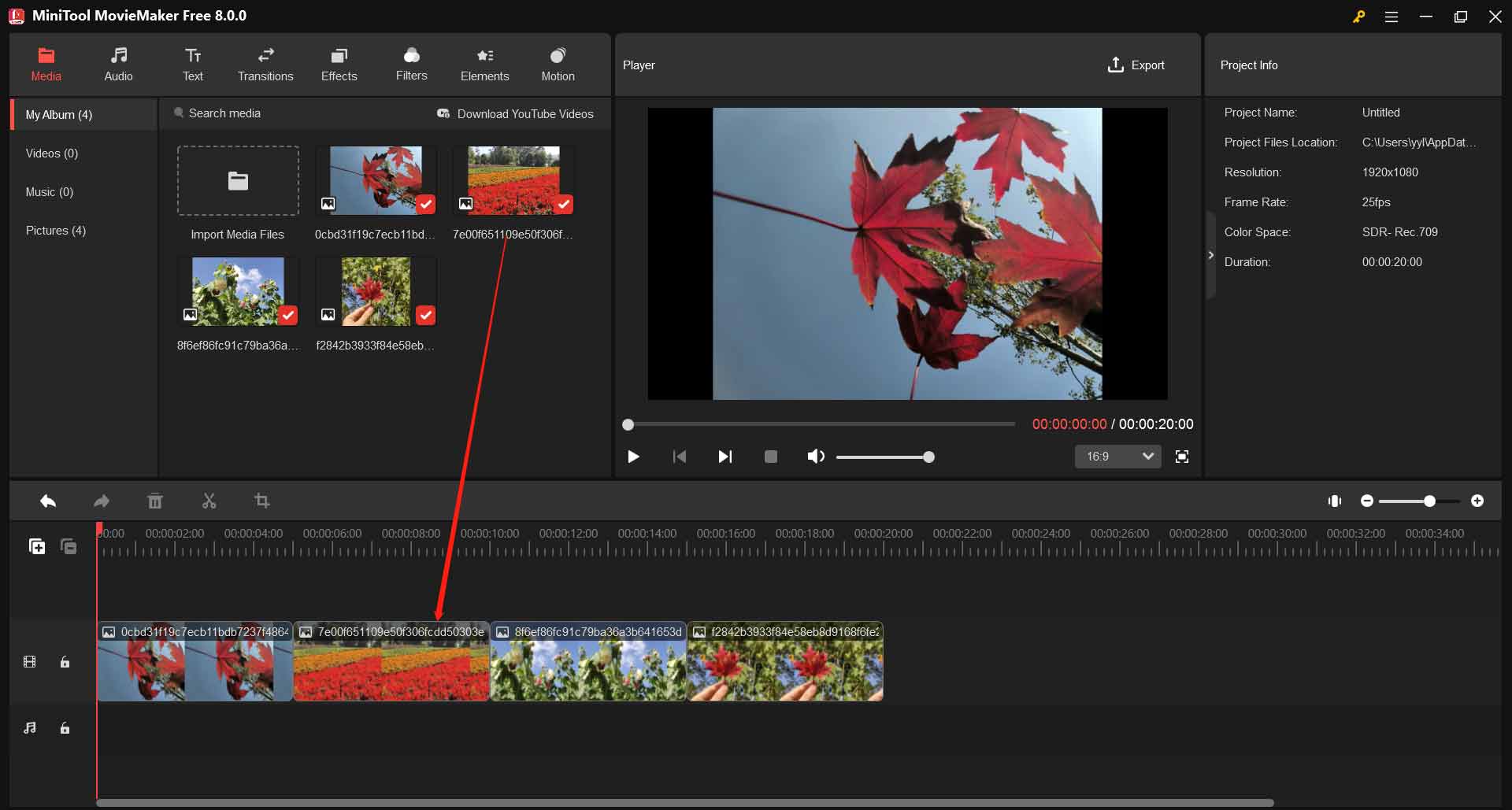 Drop your media files to the timeline in MiniTool MovieMaker