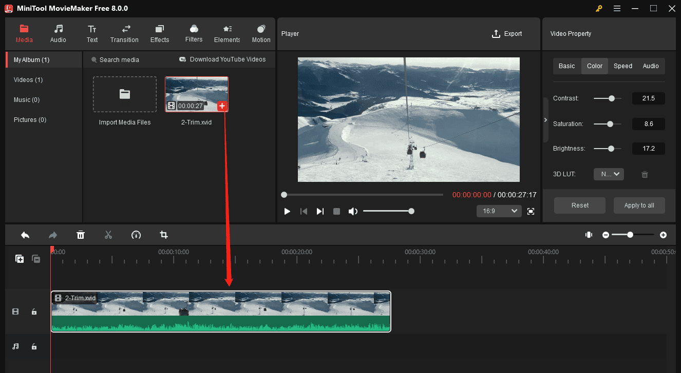 Click the + icon to add the Xvid video to the timeline to play and edit in MiniTool MovieMaker