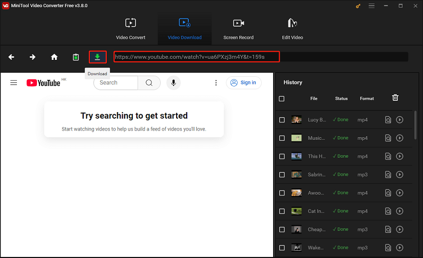 Paste the video link and click the Download button in MiniTool Video Converter