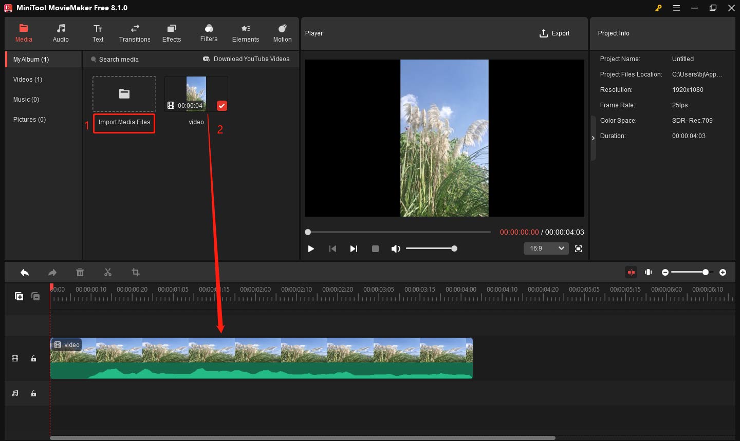 Import the video to the media library and add it to the timeline in MiniTool MovieMaker