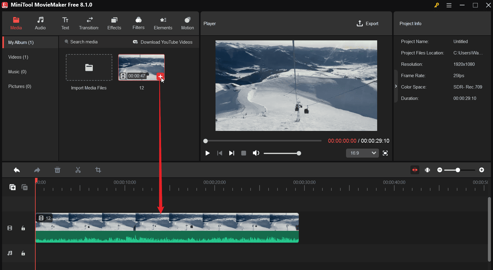 Click the + icon on the video to add it to the timeline in MiniTool MovieMaker