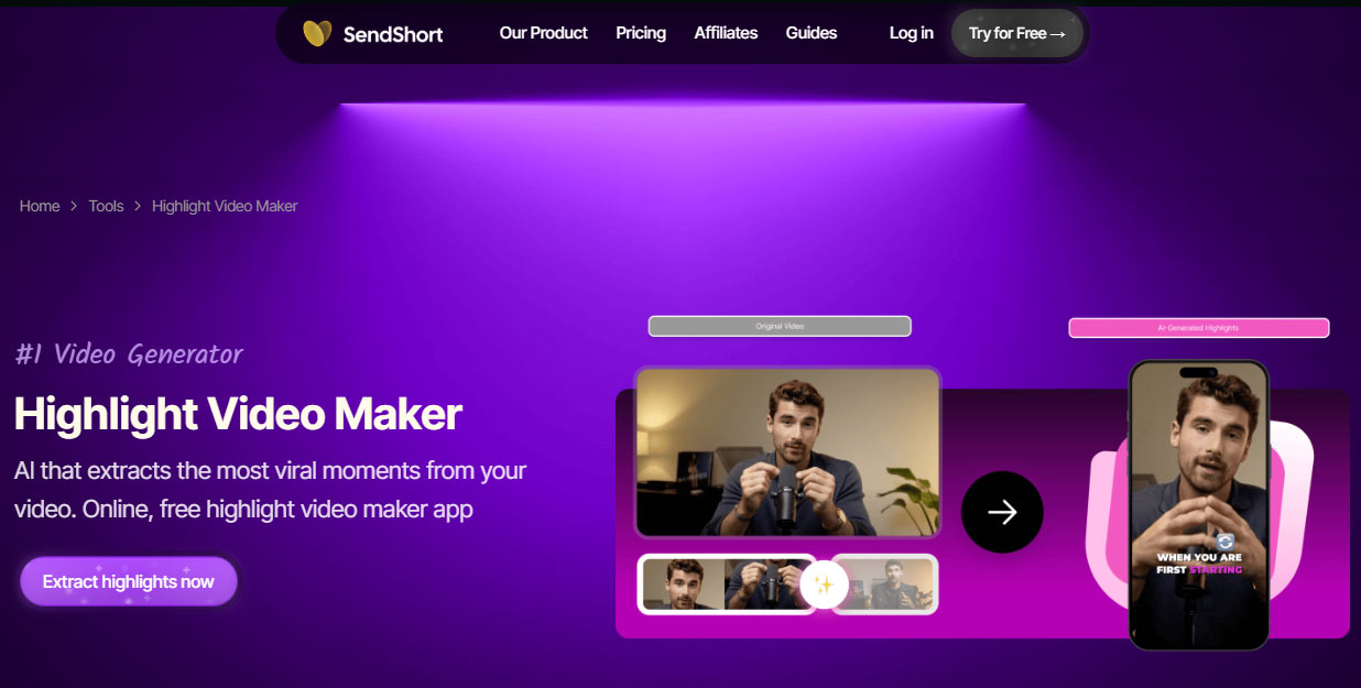 The interface of Sendshort’s AI highlight video maker