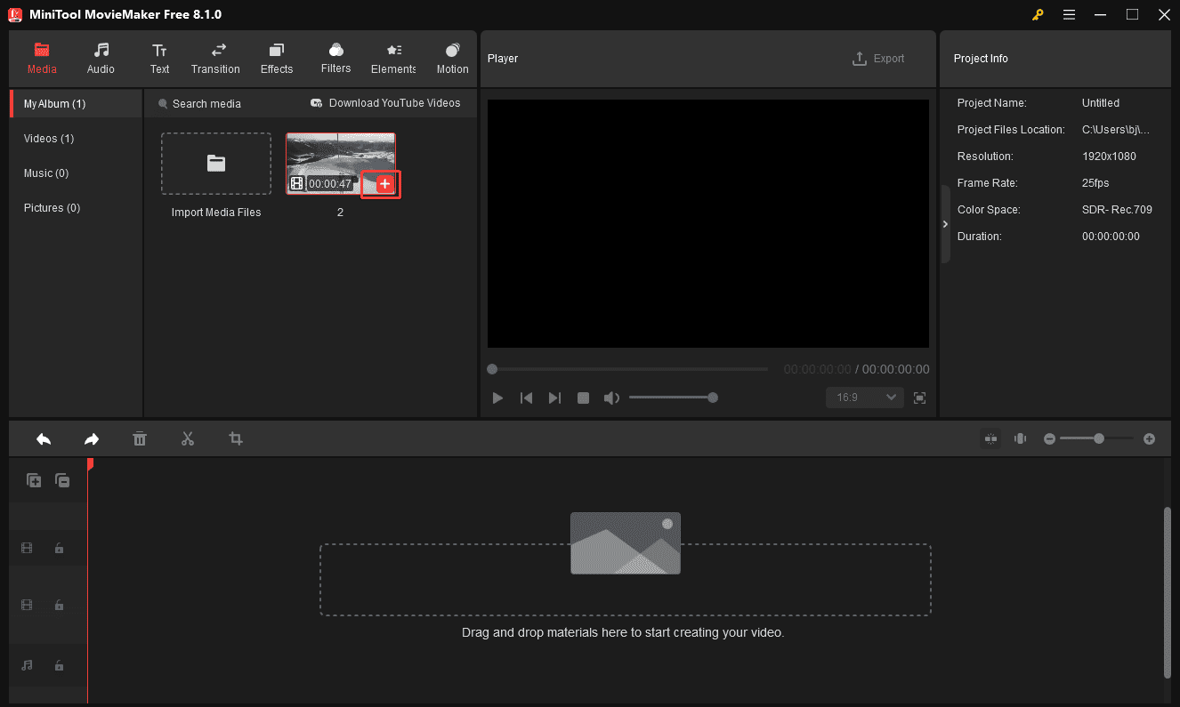 Click the + icon on the clip to add your recording to the timeline in MiniTool MovieMaker