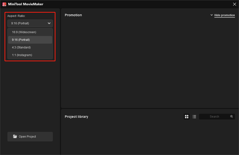 MiniTool MovieMakerのプロジェクトライブラリウィンドウでアスペクト比を選択
