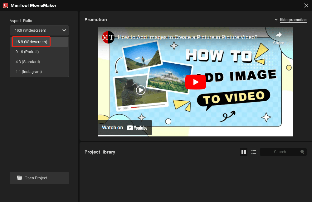 Set 16:9 to the project’s aspect ratio in MiniTool MovieMaker