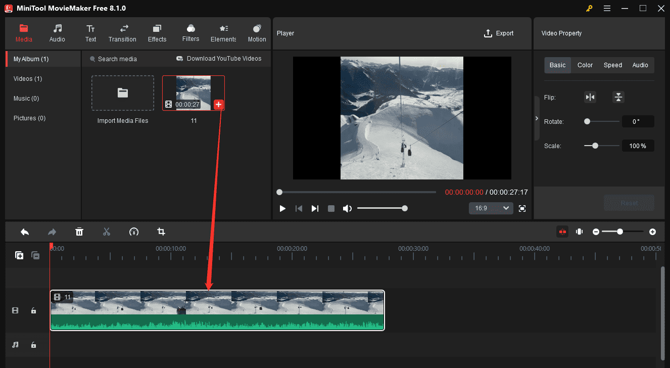 Click the + icon on the video to add it to the timeline in MiniTool MovieMaker