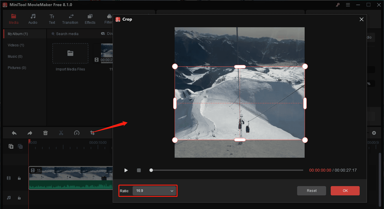 Crop the video with the 16:9 aspect ratio in MiniTool MovieMaker