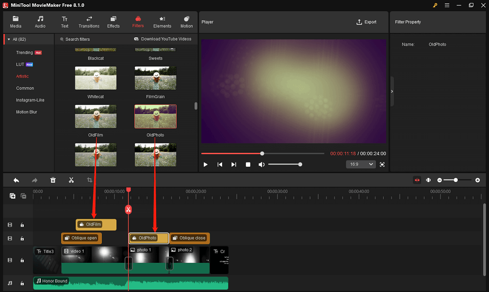 Put filters above the clips in MiniTool MovieMaker