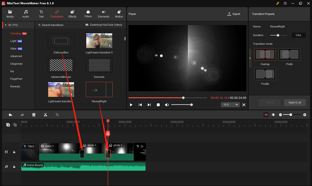 Apply transitions to the clips in MiniTool MovieMaker