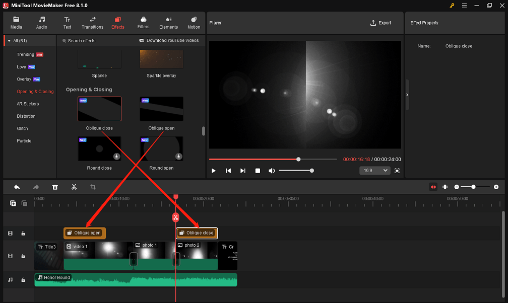 Put effects above the clips in MiniTool MovieMaker