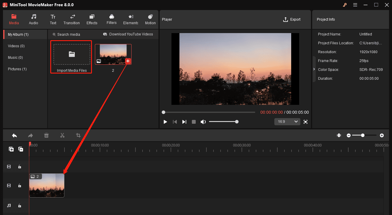 Click the + icon on the picture to add it to the timeline in MiniTool MovieMaker