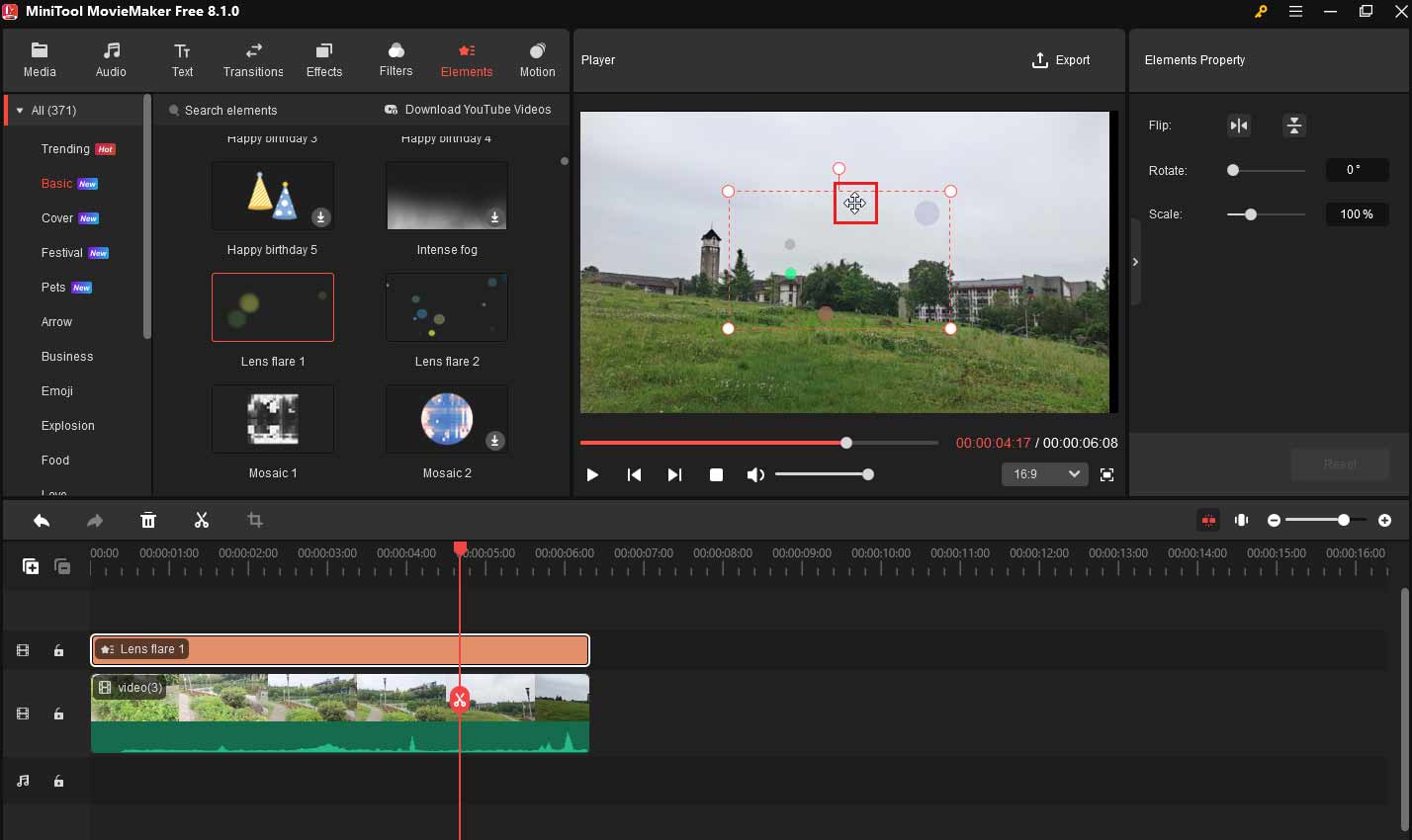 Adjust the lens flare place in MiniTool MovieMaker