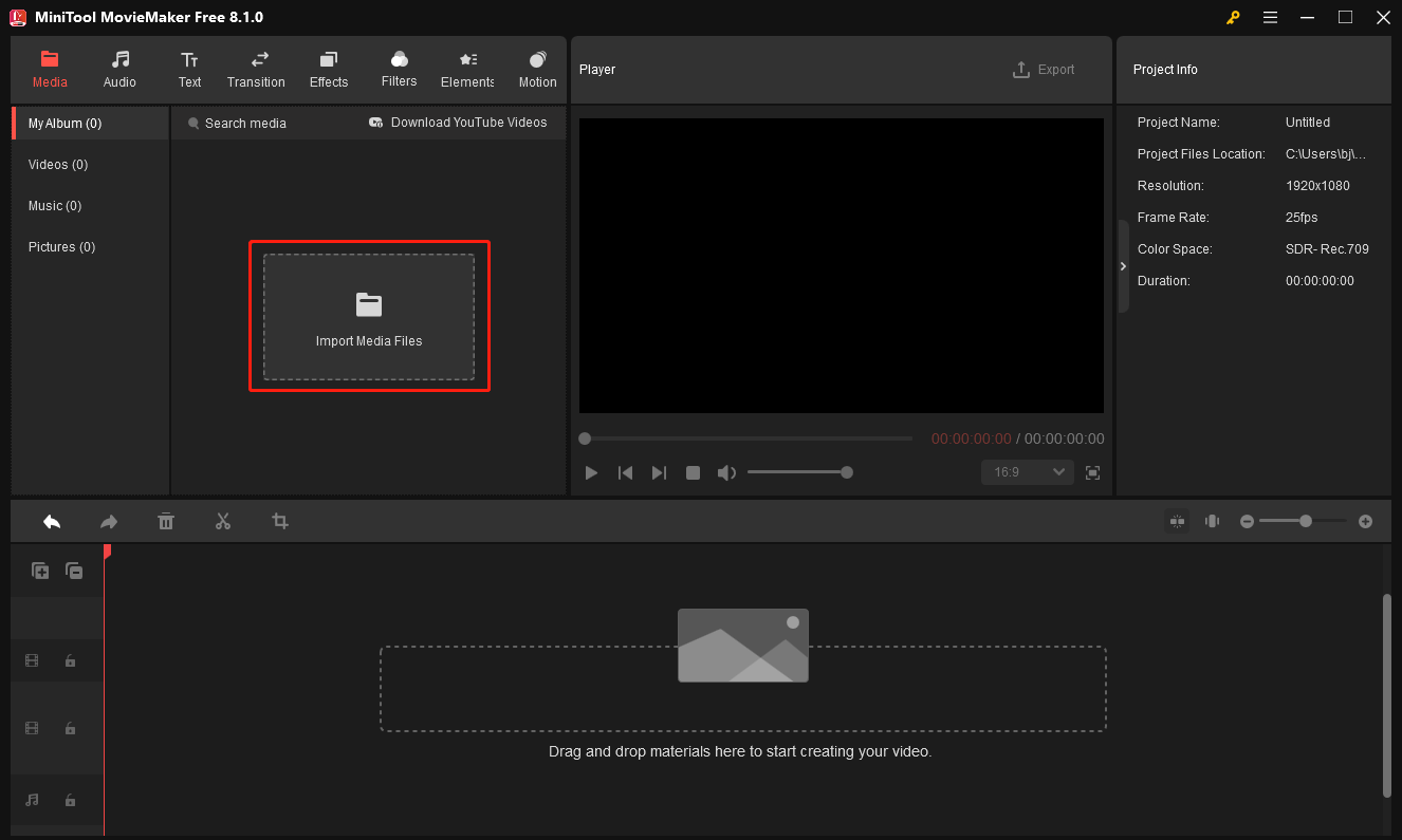 Click the Import Media Files button to import video into MiniTool MovieMaker