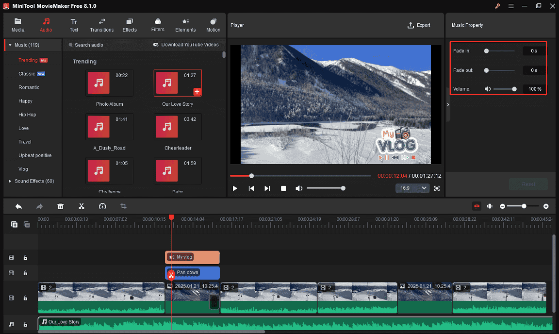 Add and edit music for video in MiniTool MovieMaker