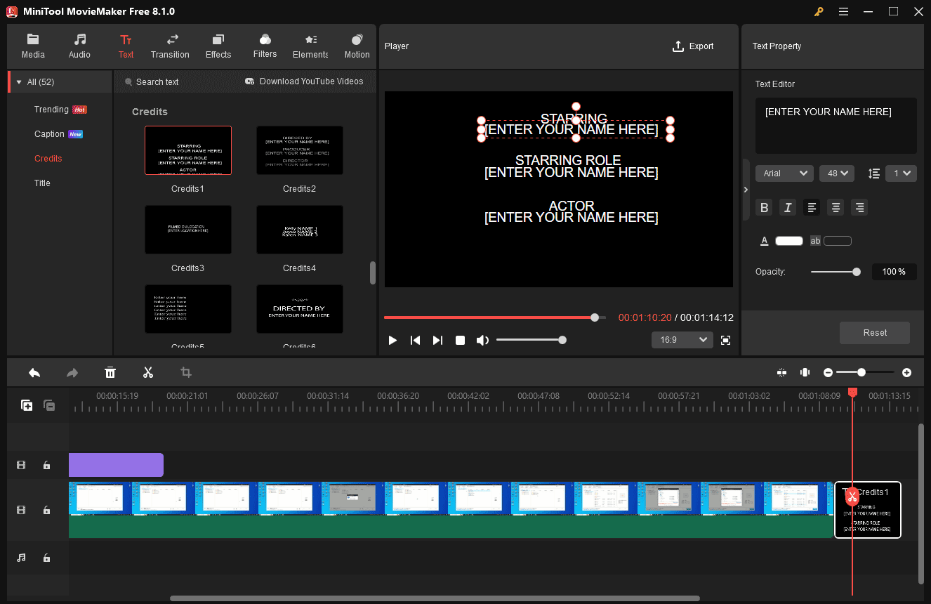 MiniTool MovieMakerの「Credits」オプションで画面録画にクレジットを追加