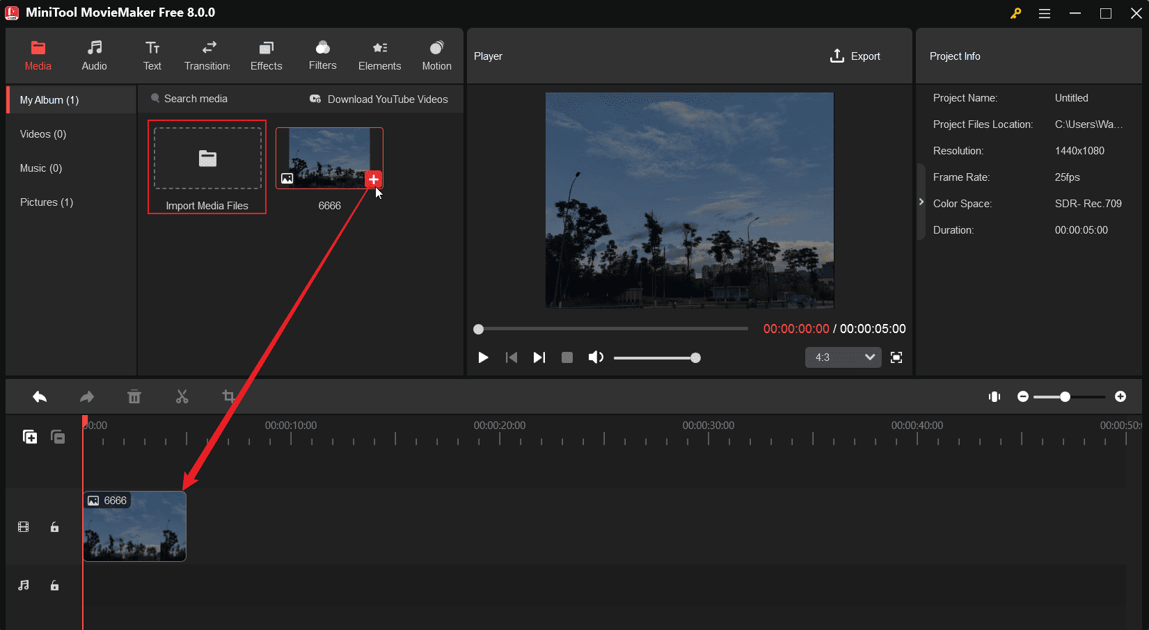 Click the + icon on the photo to add it to the timeline in MiniTool MovieMaker