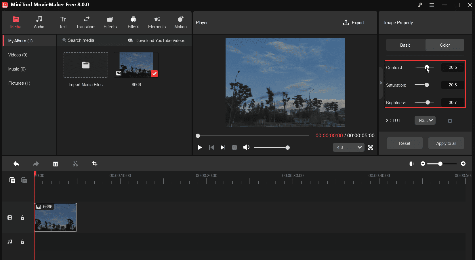 Adjust Contrast, Saturation, and Brightness to brighten a photo in MiniTool MovieMaker
