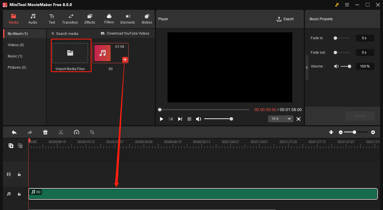 Click the + icon on the audio file to add it to the timeline in MiniTool MovieMaker