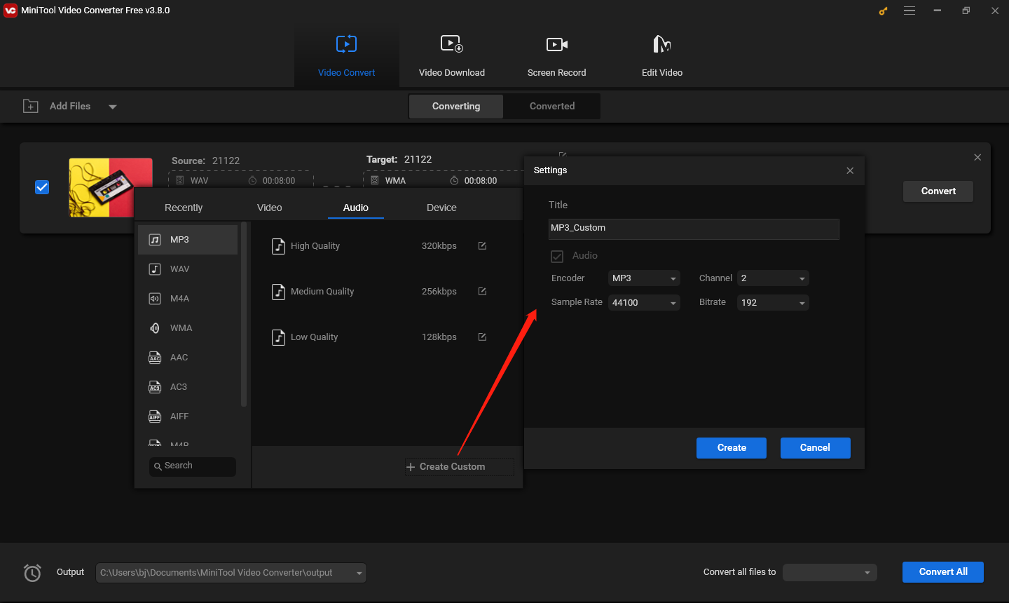 Create a custom audio format in MiniTool Video Converter