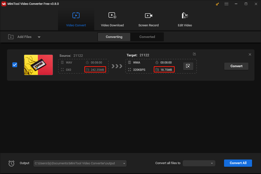 Check the audio file size in MiniTool Video Converter