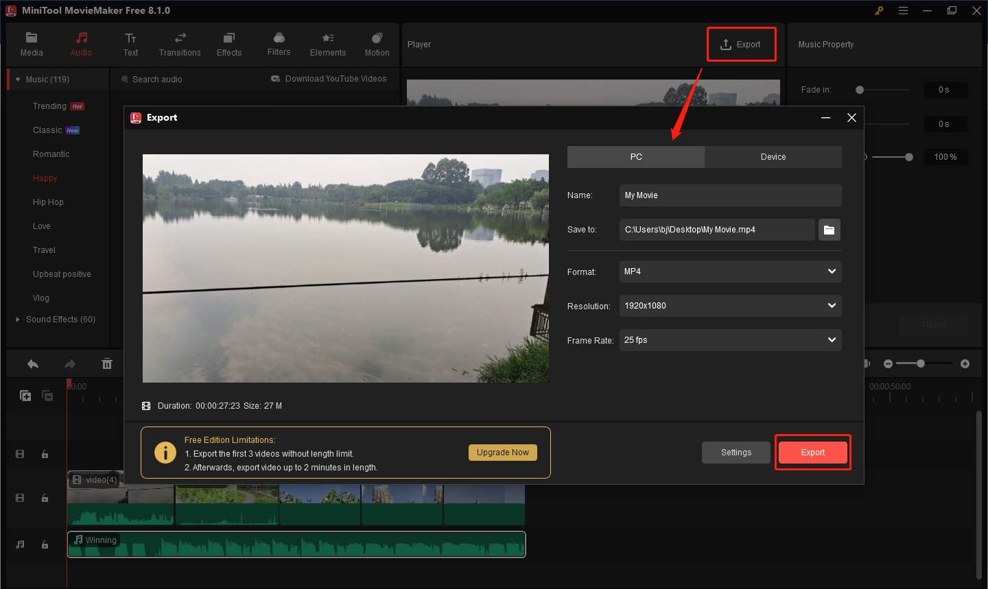 Export the video from MiniTool MovieMaker