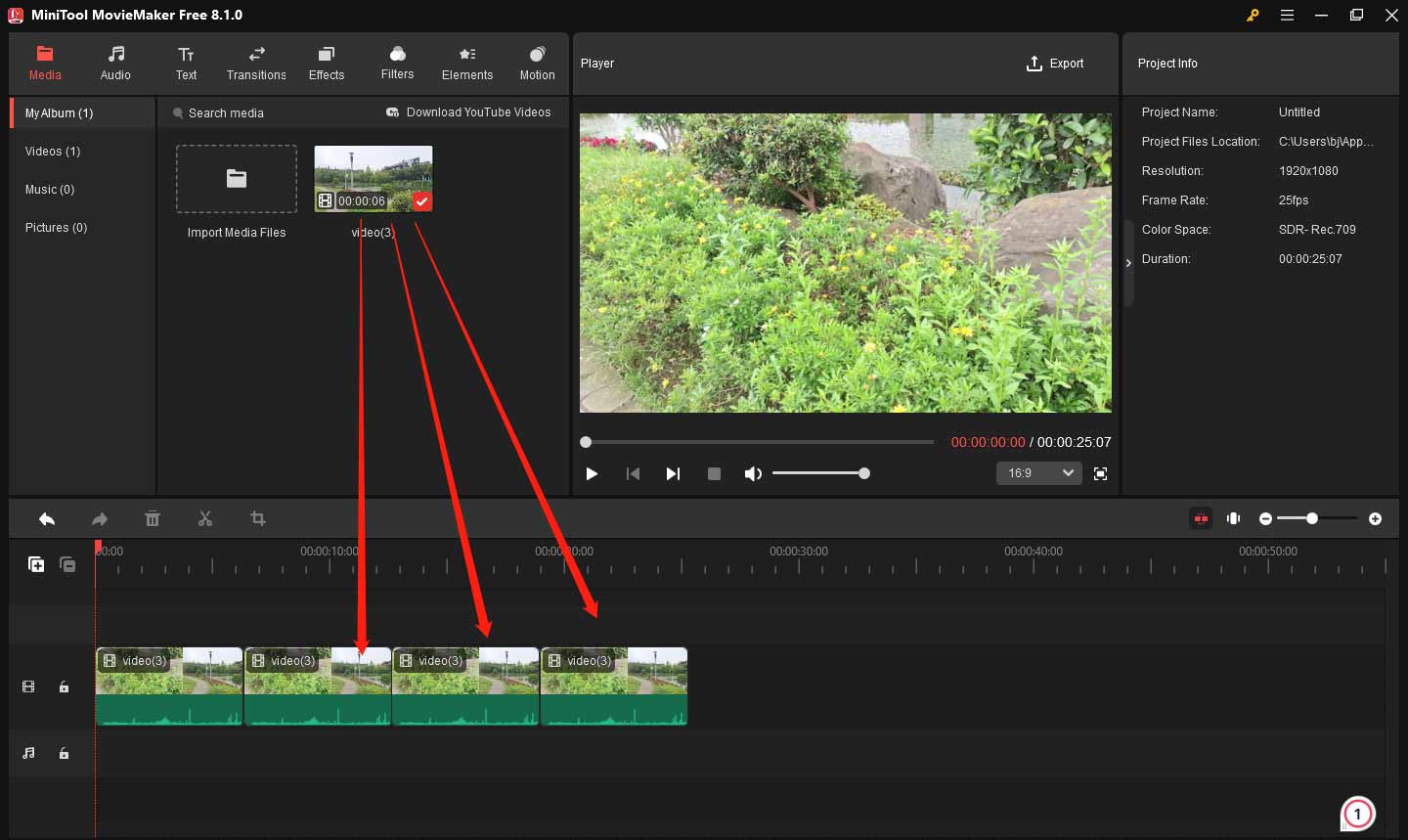 Duplicate the video clip by dragging it to the timeline in MiniTool MovieMaker