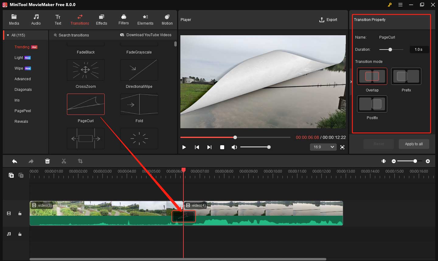 Add transitions between two clips in MiniTool MovieMaker