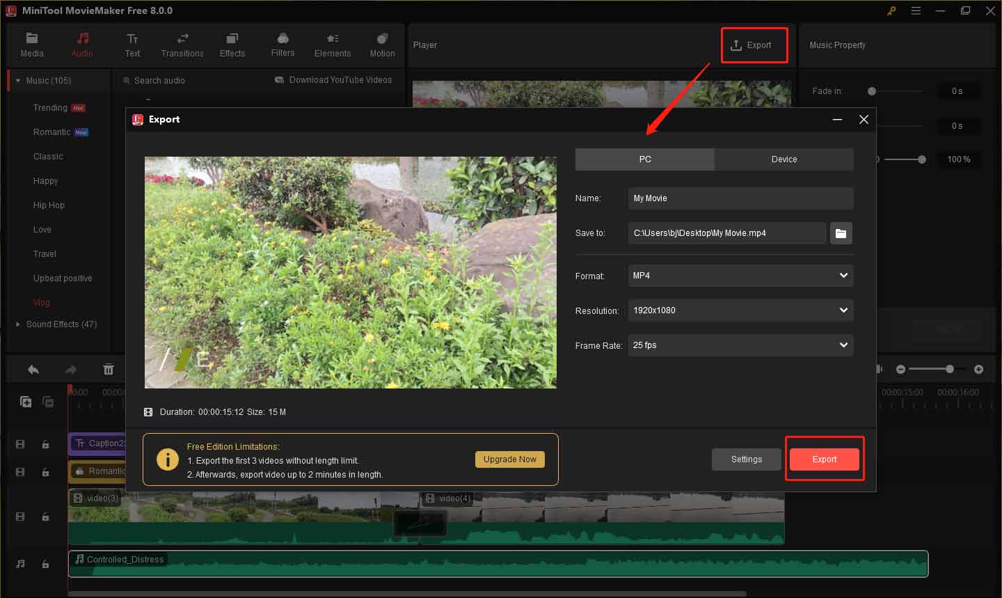 Export the video from MiniTool MovieMaker