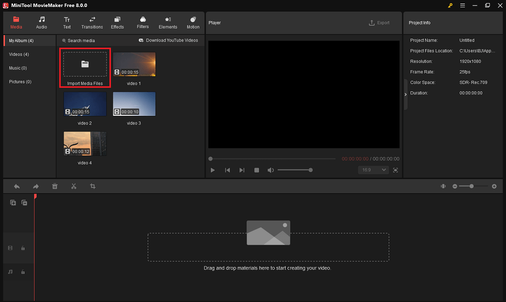 Import 4 videos into MiniTool MovieMaker