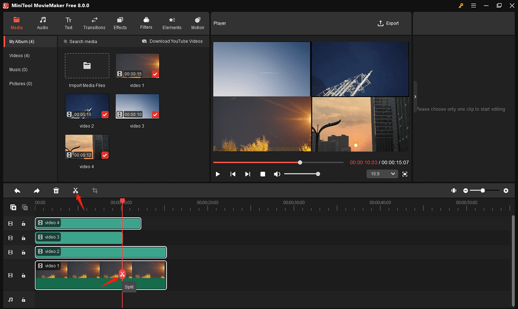 Split videos in MiniTool MovieMaker