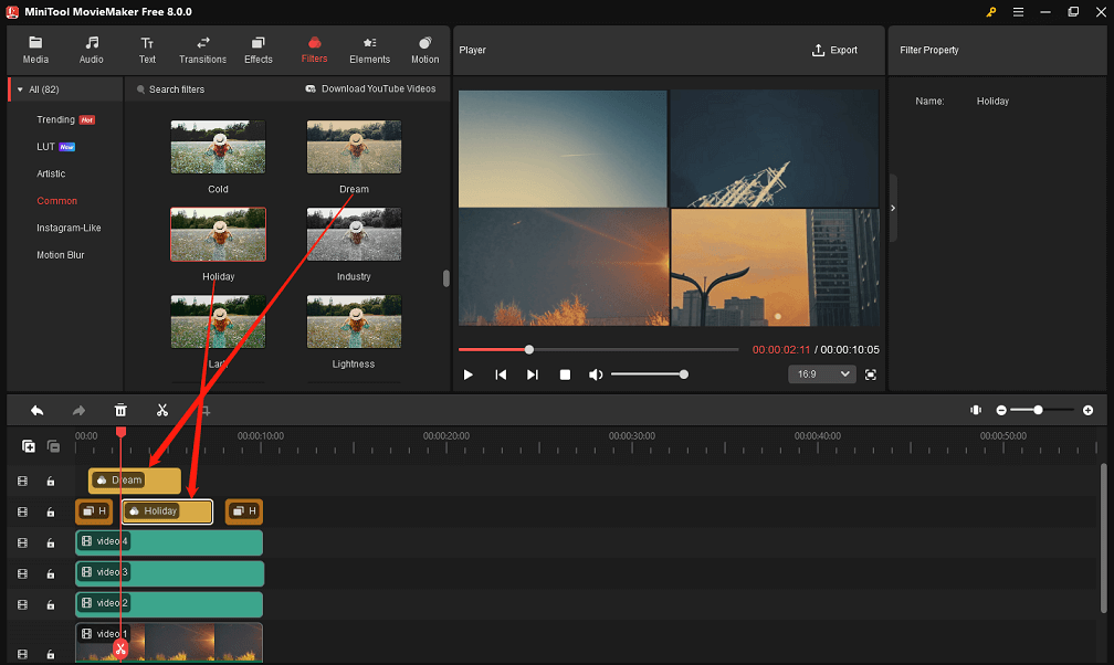 Overlay filters on videos in MiniTool MovieMaker