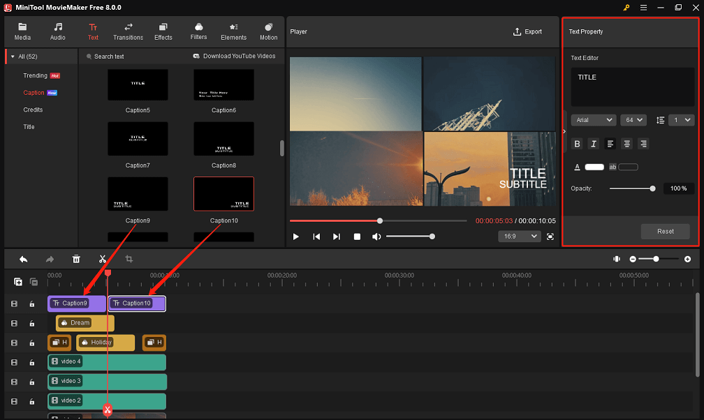 Overlay captions on videos in MiniTool MovieMaker