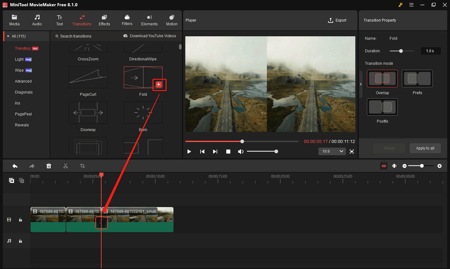 MiniTool MovieMakerで動画にトランジションを追加する